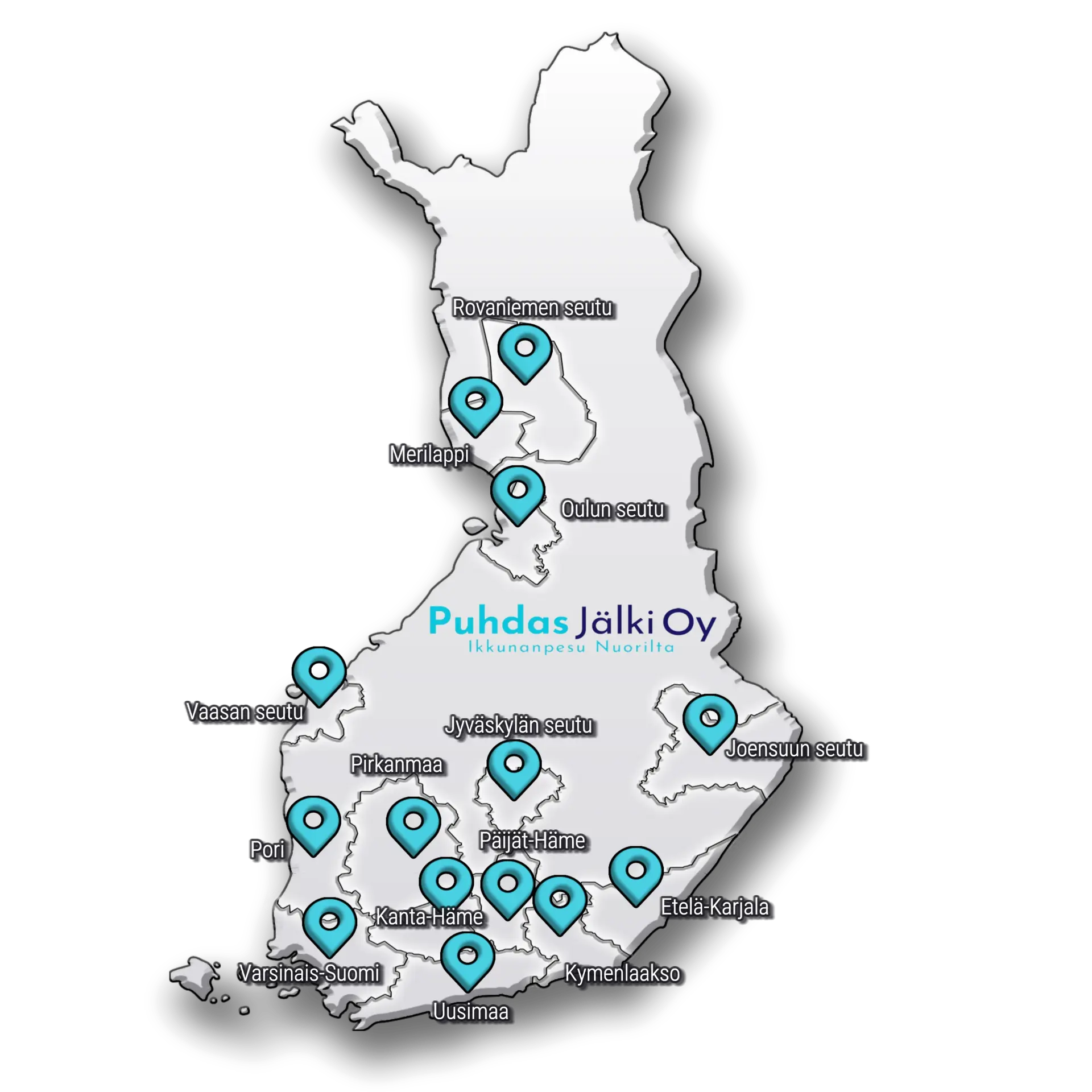 Suomen kartta, jossa on merkattuna Puhdas Jälki Oy:n palvelualueet