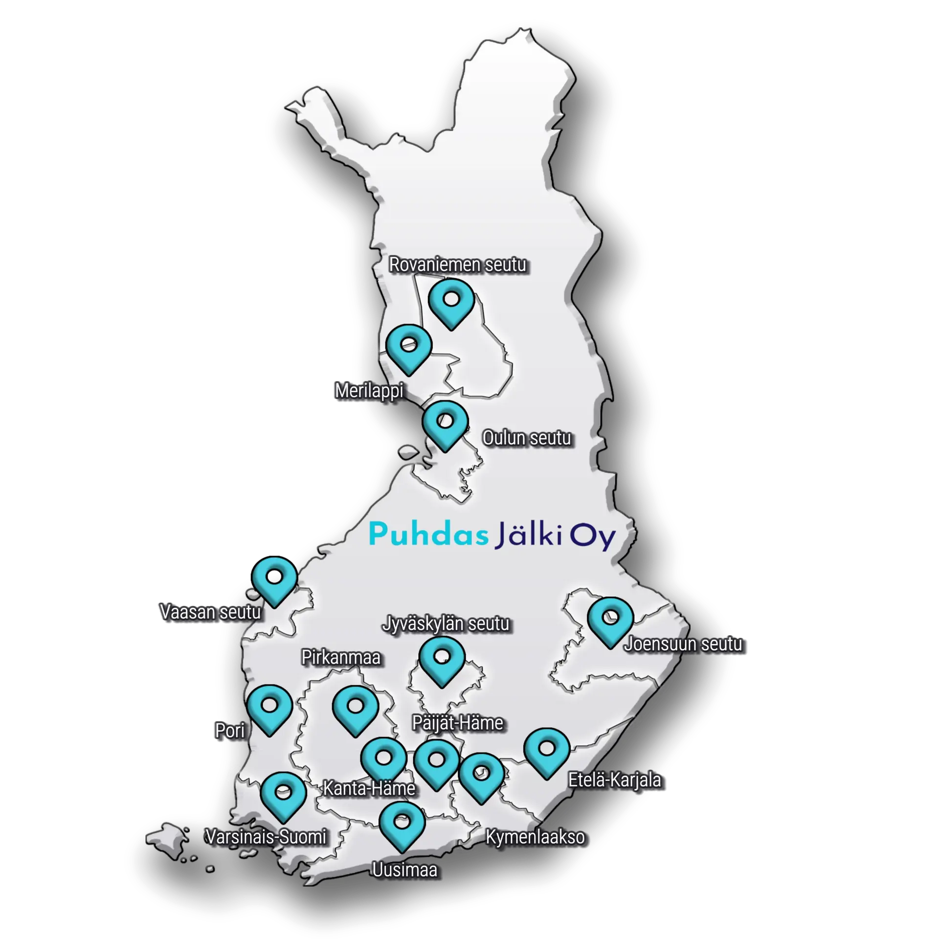 Suomen kartta, jossa on merkattuna Puhdas Jälki Oy:n palvelualueet